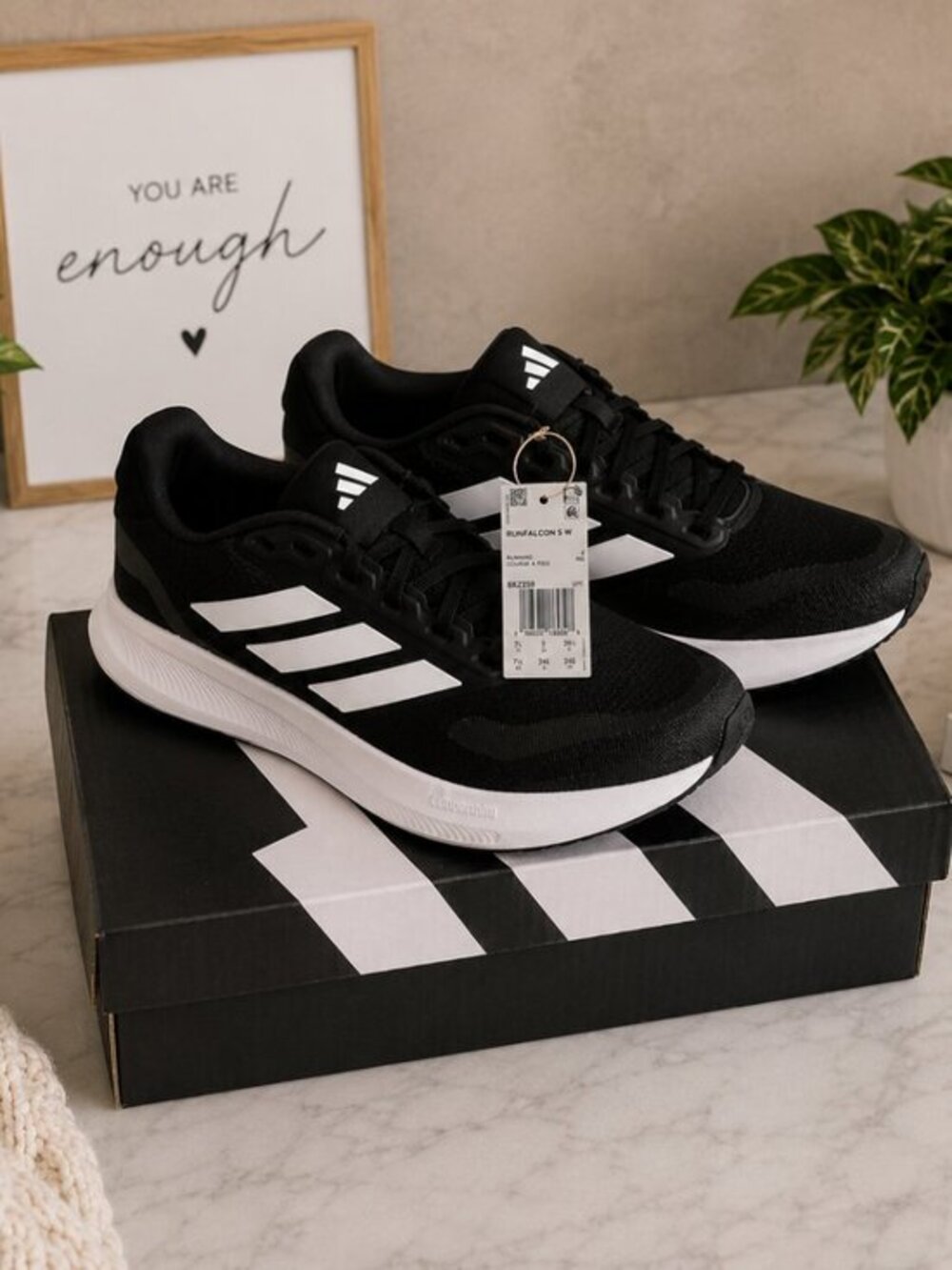 Adidas Runfalcon 5 Women’s 7.5 Black White Cloudfoam Running Shoes NWT